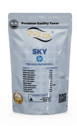 HP printer models and corresponding part numbers compatible with premium quality Delta Sky toner cartridges, made in the USA, featuring high-yield and 1000gm weight for top-notch performance and reliability